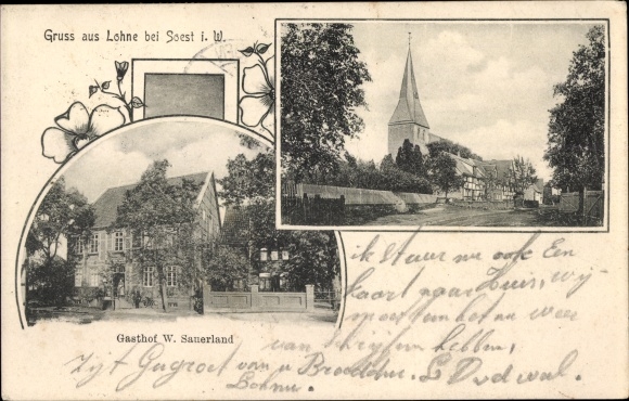 Postcard Lohne Bad Sassendorf in Westphalia, pond with church, inn