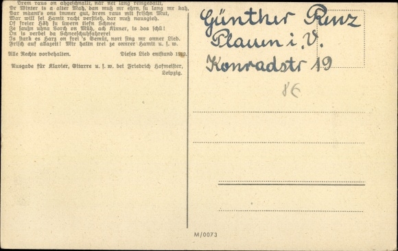 Song Postcard Günther, Anton, Erzgebirge dialect 54, snowshoe march