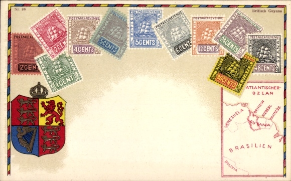 Stamps Coat of Arms Postcard British Guiana British Guyana, Map, Cents