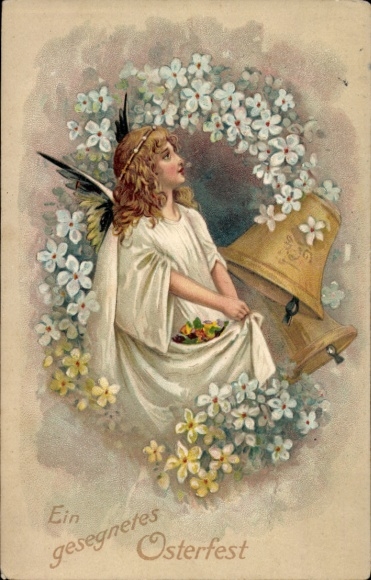 Präge Ak Glückwunsch Ostern, Engel, Glocken, Blumen