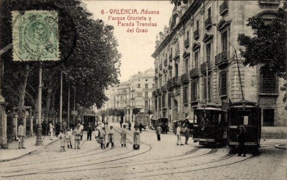 Ak Valencia Stadt Spanien, Postkarte mit Straßenbahn, Parque Glorieta, Menschen