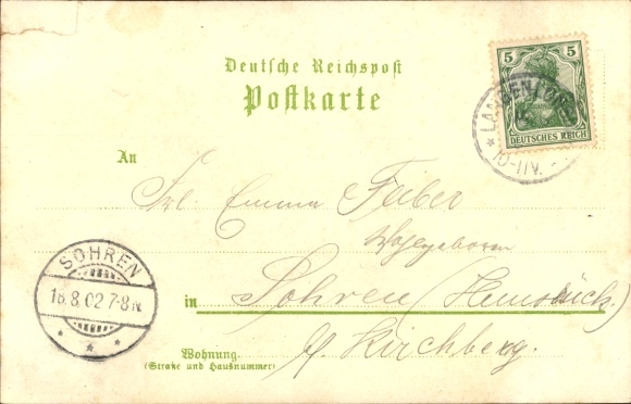 Chromo-Litho Langenlonsheim on the Nahe Palatinate, general view, main street, church, guesthouse of the Hohenzollern