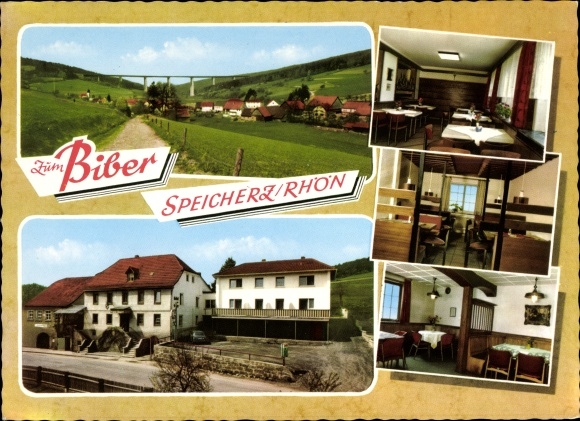 Ak Speicherz bayr. Rhön Motten in Unterfranken, Gasthof zum Biber, Innen- und Außenansicht