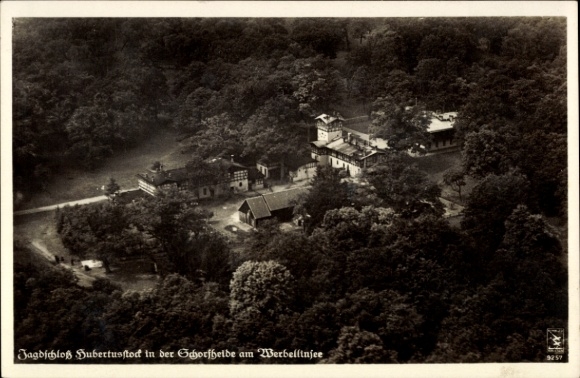 Postcard Altenhof Schorfheide on Lake Werbellin, aerial photograph of the Hubertushof hunting lodge