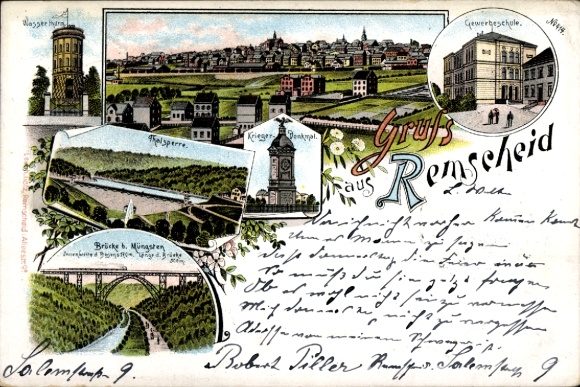 Chromo-Litho Remscheid in the Bergisches Land, general view, war memorial, dam, trade school