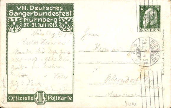 Artist Postcard Schmidt, Nuremberg in Middle Franconia Bavaria, VIII German Singers' Festival 1912