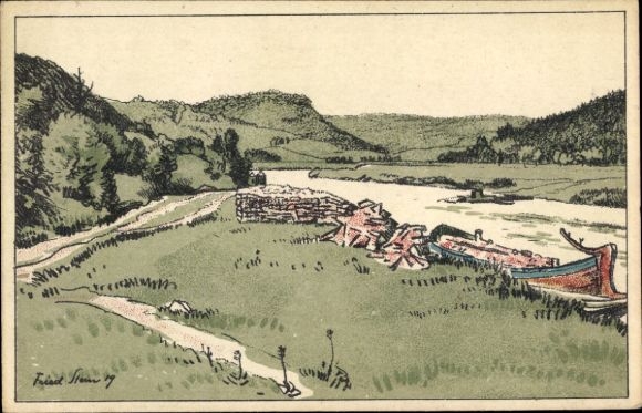 Artist Postcard Rothenfels am Main Lower Franconia, sandstone loading point