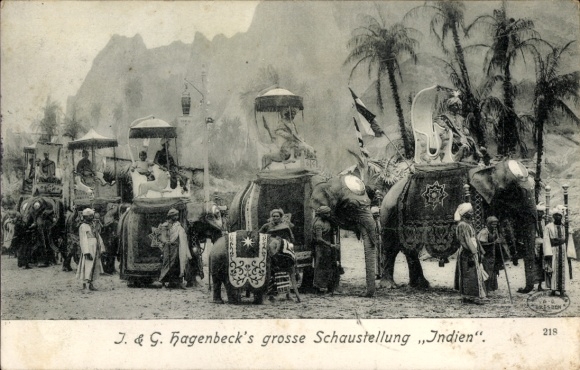 Ak Hagenbecks große Schaustellung, Indien, Völkerschau, Elefanten