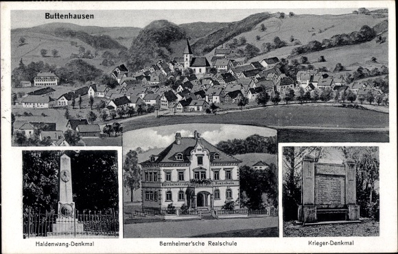 Postcard Buttenhausen Münsingen in Württemberg, Haldenwang monument, Bernheimer'sche secondary school, Pernat