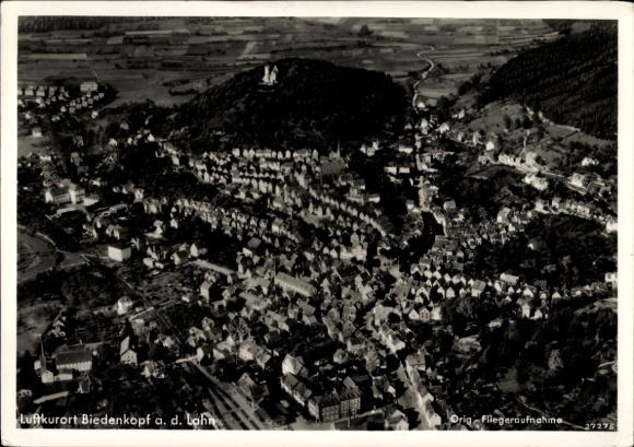 Postcard Biedenkopf an der Lahn, climatic health resort, aerial photograph, landscape, houses, trees
