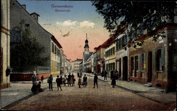 PC Germersheim, view of Marktstrasse with passers-by and church