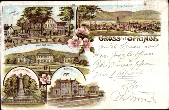 Litho Springe am Deister, Bahnhof, Meyer's Hotel, Kaiserliches Jagdschloss, Kriegerdenkmal