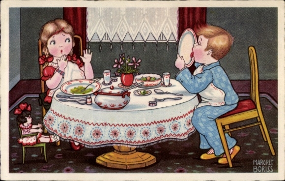 Kunstenaar Ak Boriss, Margret, Kinderen aan tafel
