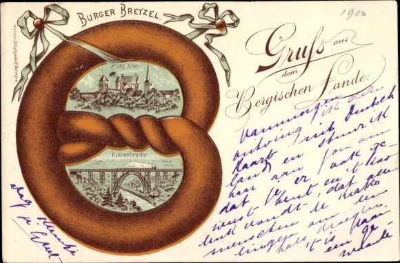 Brezel Chromo-Litho Burg an der Wupper Solingen, Bergisches Land, Riesenbrücke, view of the town