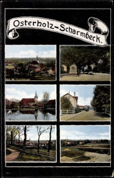 Ak Osterholz Scharmbeck in Nedersaksen, gedeeltelijk uitzicht, monument, kerk, panorama