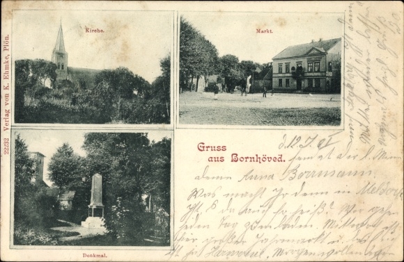 Ak Bornhöved in Schleswig Holstein, Stadtansichten, Kirche, Markt, Denkmal