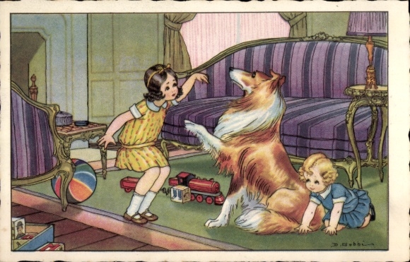 Künstler Ak Kinder mit Hund, Collie macht Männchen