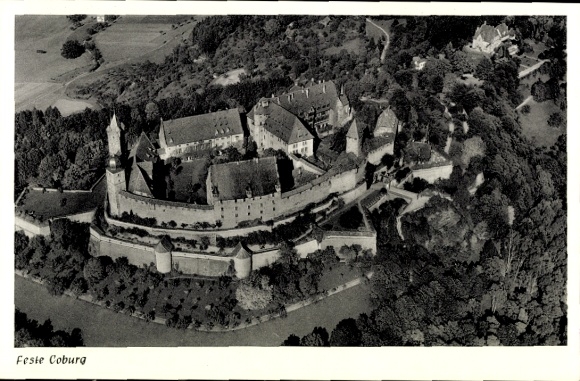 Postcard Coburg in Upper Franconia, fixed aerial photograph, castle, surroundings, forest