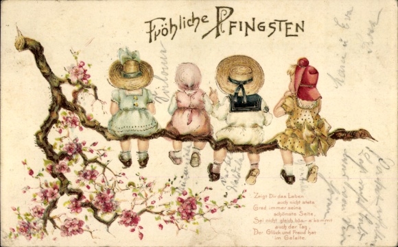 Embossed PC Congratulations Pentecost, four children sitting on a branch