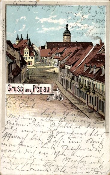 Chromo-Litho Pegau on the White Elster Saxony, street section with church tower