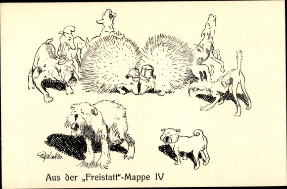 Künstler Ak Aus der Freistatt Mappe IV, Soldaten als Igel, Hunde