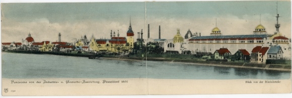 Klapp Postcard Düsseldorf am Rhein, industrial and commercial exhibition 1902, Rhine bridge