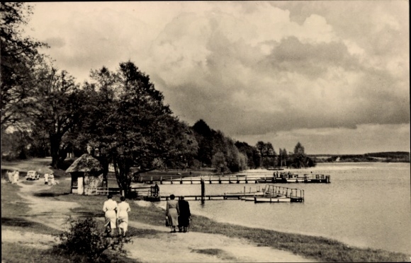 Postcard Plau am See Mecklenburg, landscape by the lake, walkers, footbridges, clouds