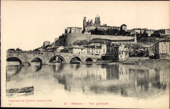 KP Béziers Hérault, widok na rzekę, most, widok na miasto, Papeterie du Théâtre