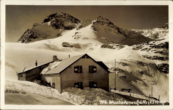 Postcard Silvretta Mountain Group Austria, Wiesbadener Hut, DuÖAV, Winter