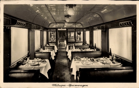 Picture PC German Railway, steam locomotive, Mitropa, dining car, tables, benches
