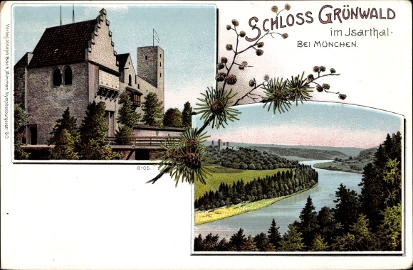 Chromo-Litho Grünwald in the Munich Upper Bavaria district, Grünwald Castle, Isar Valley