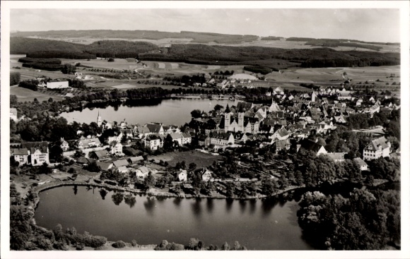 Postcard Waldsee in the Palatinate, aerial view of surrounded by fields and forests