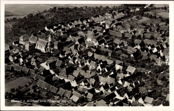 Postcard Ubstadt Weiher Baden Württemberg, aerial view of Ubstadt, houses, church, rural