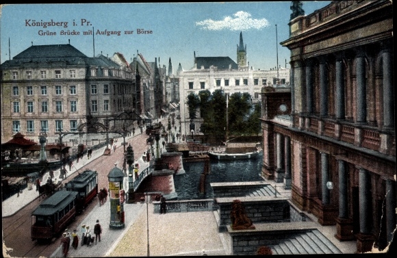 Postcard Kaliningrad Königsberg East Prussia, green bridge with access to the stock exchange, tram