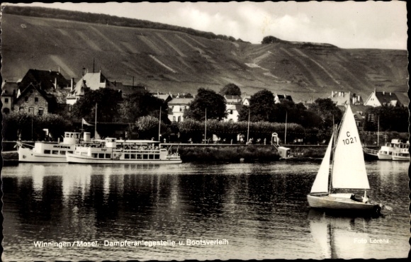 Postcard Winningen on the Moselle, Winningen/Mosel, steamer pier, boat rental, ships, vineyards