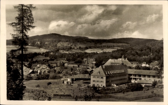 Postcard Bad Liebenstein in the Thuringian Forest, panoramic view, hills, buildings, trees, clouds