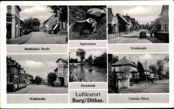 Postcard Nordhorn in the county of Bentheim, train station, oil mill, water mill, cotton spinning mill Bussmaate