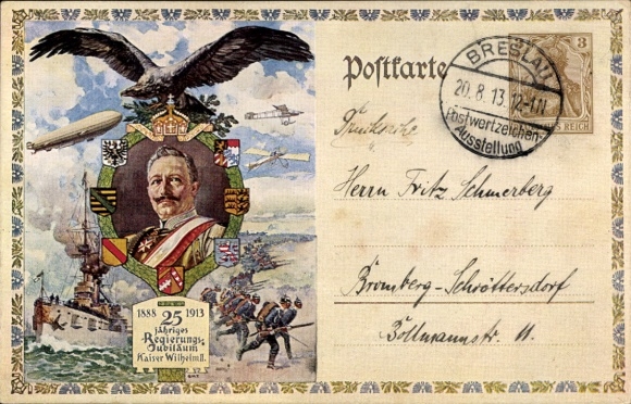 Postwaardekaart Ansichtkaart Kaiser Wilhelm II, 25-jarig regeringsjubileum, Zeppelin, oorlogsschip