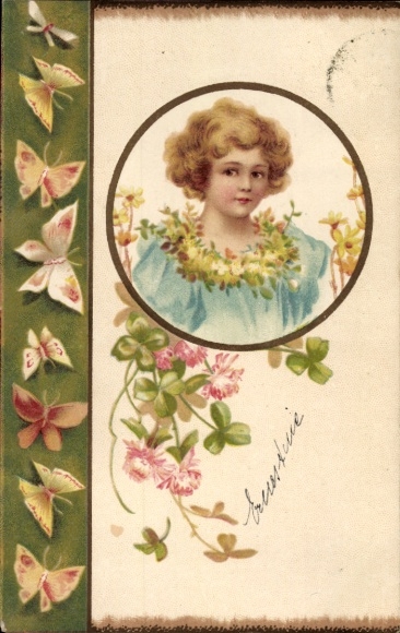Litho Kind-Porträt, Glücksklee, Schmetterlinge