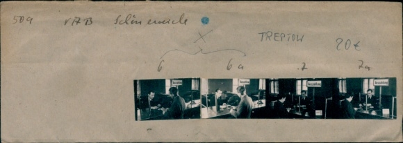 Contact print photos Berlin Treptow, VAB Schöneweide, counter payout, 4 photos approx. 4x2 cm
