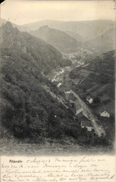 Postcard Altenahr in the Ahr valley, panoramic view of mountain landscape, river, houses
