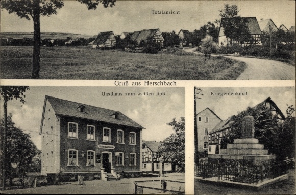 Ansichtkaart Herschbach im Westerwald, Gasthaus zum Weißen Ross, oorlogsmonument, totaaloverzicht