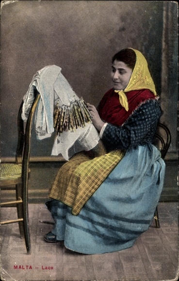 Postcard Malta, Lace, Maltese woman making lace, traditional costume