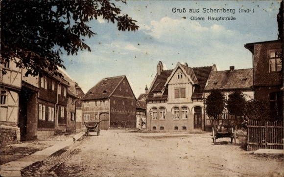 Postcard Schernberg Sondershausen in the Kyffhäuserkreis Thuringia, Upper Main Street, buildings, landscape