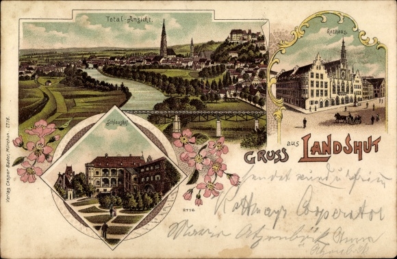 Chromo-Litho Landshut in Lower Bavaria, panorama, town hall, courtyard