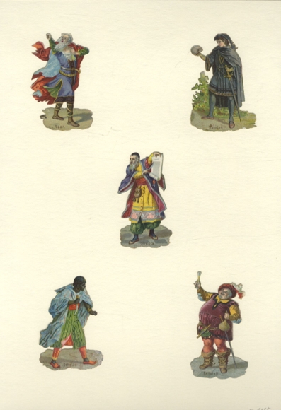 5 wafli znanych postaci teatralnych i operowych o wymiarach ok. 7 x 4,5 cm