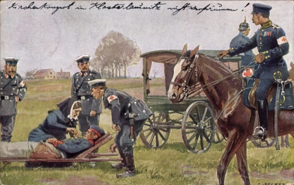 Kunstenaarskaart Becker, Carl, Rode Kruis, hospik, gewonde soldaat op een brancard