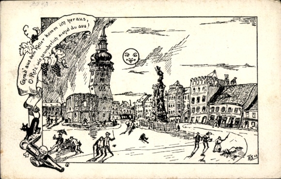 Artist Postcard Retz Lower Austria, I just came out of the cellar, Drunks