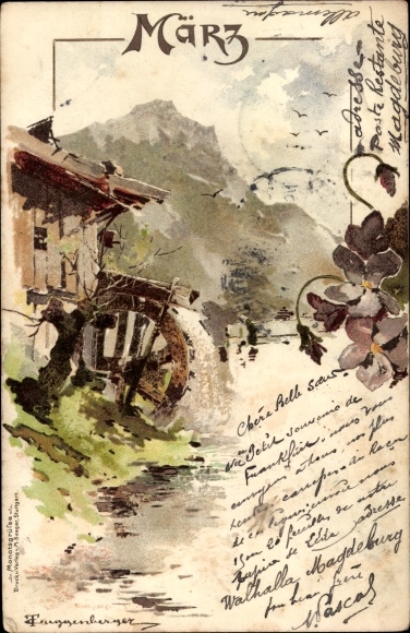 Artist Chromo-Litho Guggenberger, Thomas, Allegory, March, Watermill