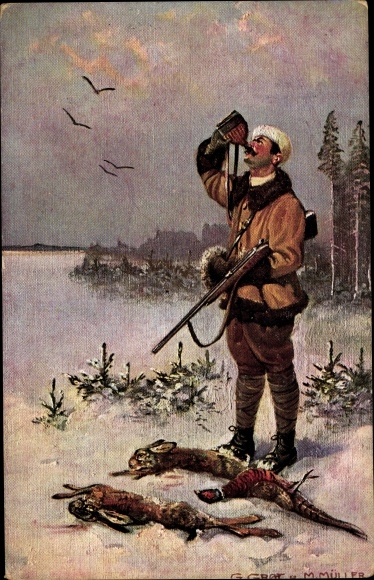 Artist PC Müller, M., hunter with slain rabbits in winter, sip from a wine bottle